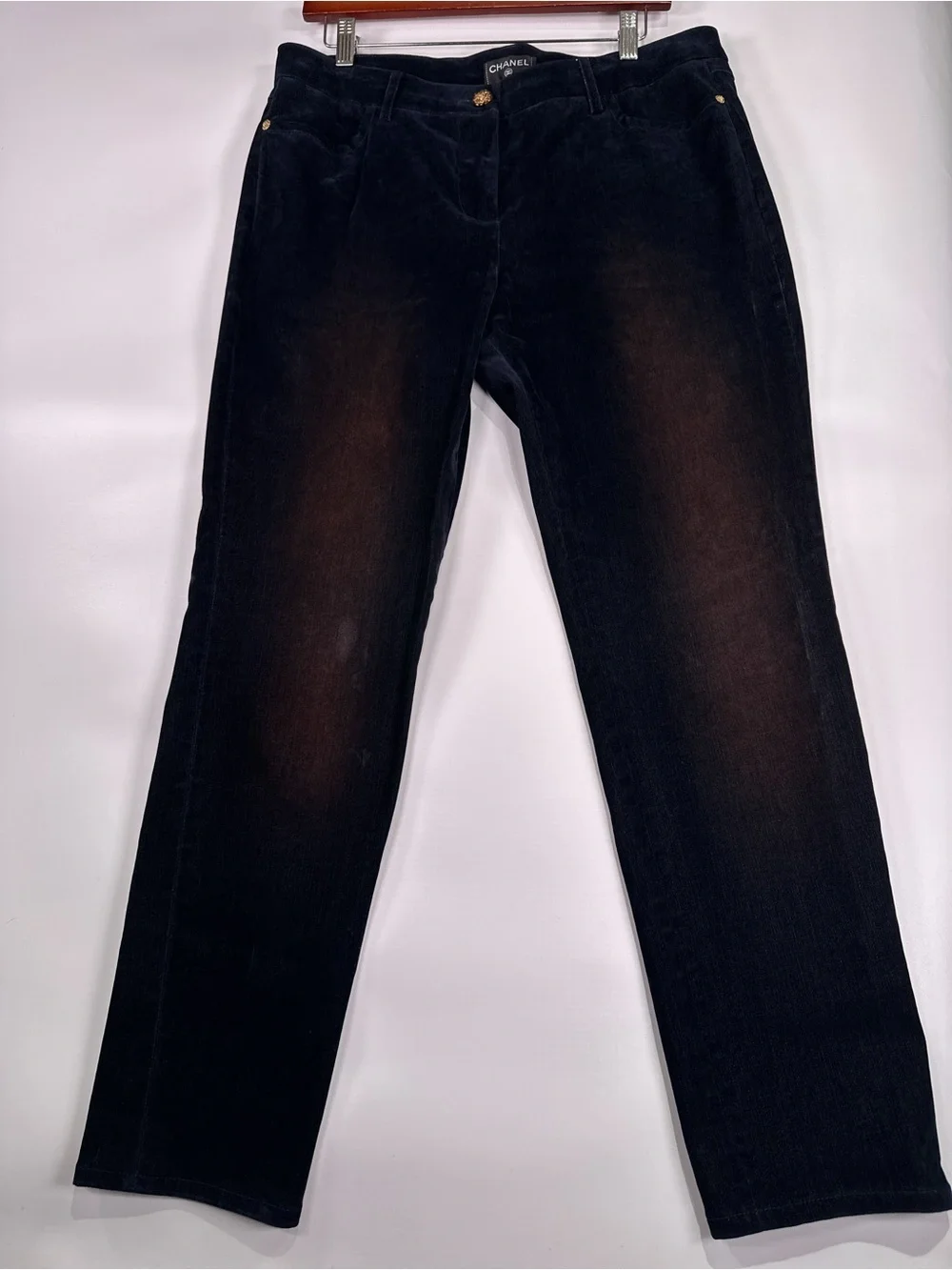 Chanel 17A Paris Cosmopolite Straight Velvet Pants Navy Copper 44